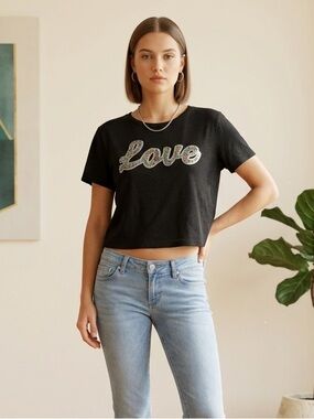 loveJ Y2K Black "Love" Sequin Graphic Crop Top Tee - Size Large